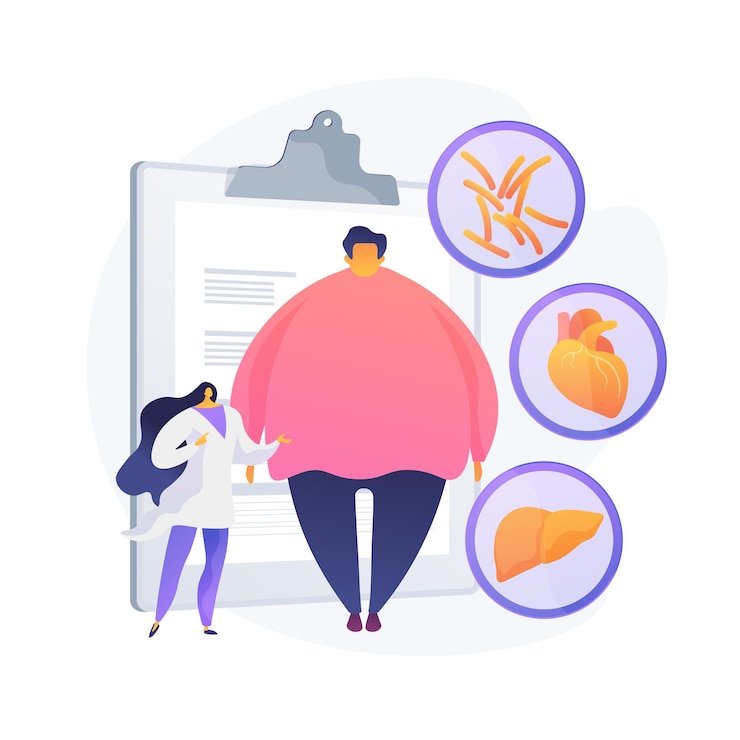 Gratis Vector obesitas probleem. overgewicht man medische raadpleging en diagnostiek. negatieve impact van obesitas op de gezondheid van de mens en de interne organen.