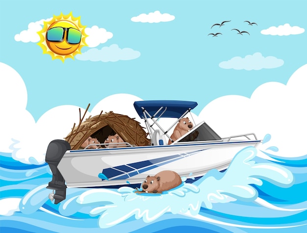 Gratis vector oceaanscène met groep bevers op speedboot