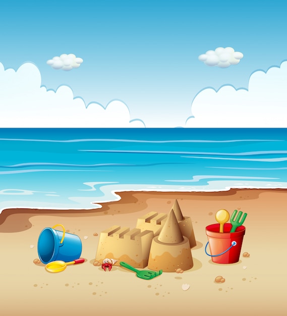 Oceaanscène met speelgoed op het strand