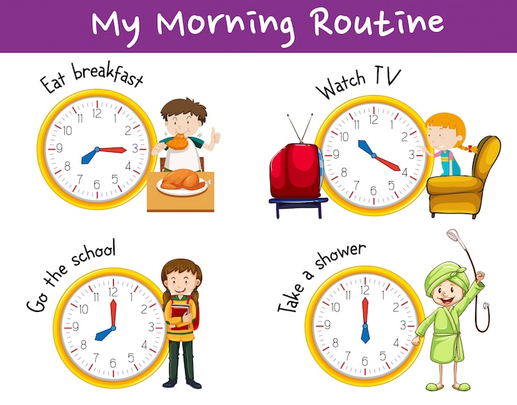 Gratis Vector ochtendroutines voor kinderen met klok en activiteiten