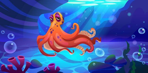 Octopus cartoon personage zwemmen onder water