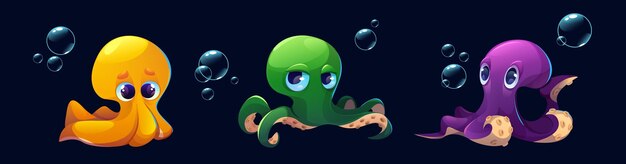 Gratis vector octopus personages geïsoleerd op zwart