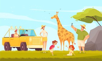 Off-road safari-avonturen plat met een jong gezin met kinderen die giraffoto's maken