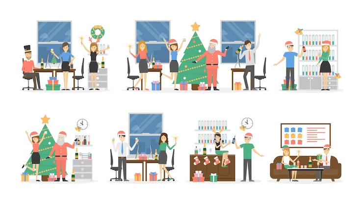 Gratis Vector office christmas party mensen met kerstmutsen hebben plezier op een witte achtergrond