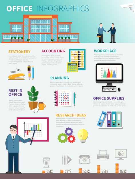 Gratis vector office infographics platte sjabloon