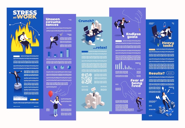 Gratis vector office mensen infographics set met zakenlieden omgaan met werkstress vectorillustratie