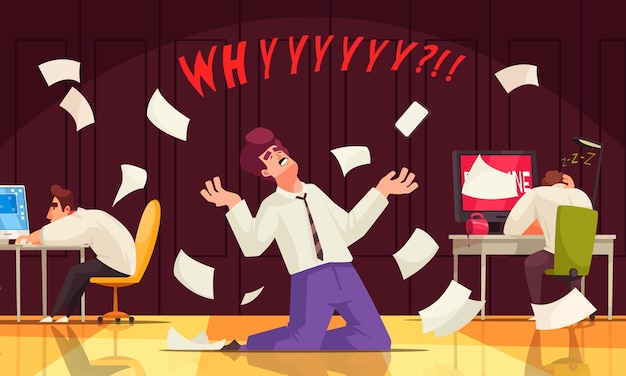 Office stress cartoon concept met burn-out kantoormedewerker vectorillustratie