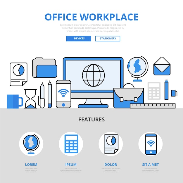 Office werkplek computer smartphone apparaat onderwijs school college concept platte lijnstijl.