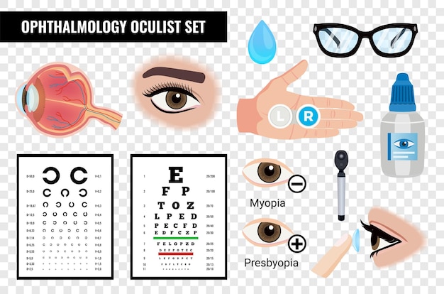 Gratis vector oftalmisch oog dat met geïsoleerde beelden van visie wordt geplaatst die de ogen van de tafels en medicatie controleren op transparante vectorillustratie als achtergrond