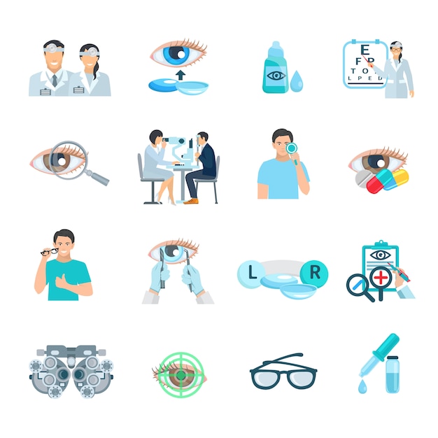 Gratis vector oftalmoloog visie correctie kliniek plat pictogrammen instellen met oog symbool abstract geïsoleerde vector il