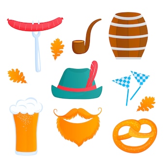 Oktoberfest beiers festival. glas bier, vat, krakeling, worst, rookpijp en hoed.