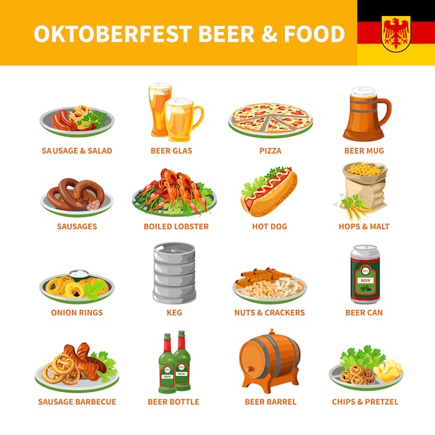 Gratis vector oktoberfest biervoedsel vlakke pictogrammen instellen