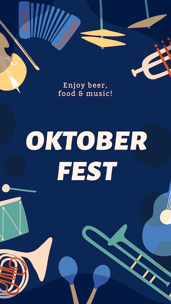 Oktoberfest muziek instagram verhaal sjabloon, retro instrument ontwerp vector