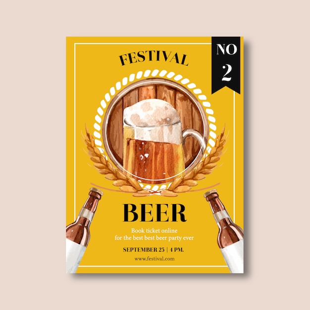 Oktoberfest posterontwerp met bier, gerst, cirkelvormig centrum op ticket aquarel illustratie
