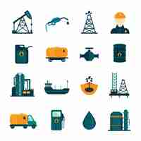 Gratis vector olie-industrie boor raffinage proces petroleum vervoer pictogrammen set met olieman en pomp plat geïsoleerde vector illustratie