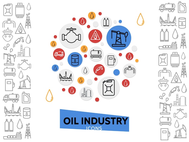 Gratis vector olie-industrie sjabloon met brandstof gas en petrochemische lijn pictogrammen in kleurrijke cirkels geïsoleerde illustratie