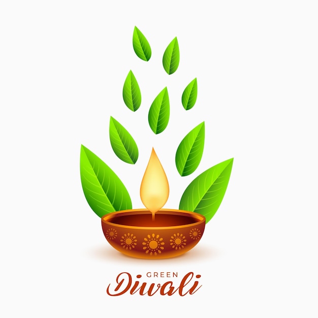 Olielamp en bladerenontwerp voor groene diwali-festivalachtergrond
