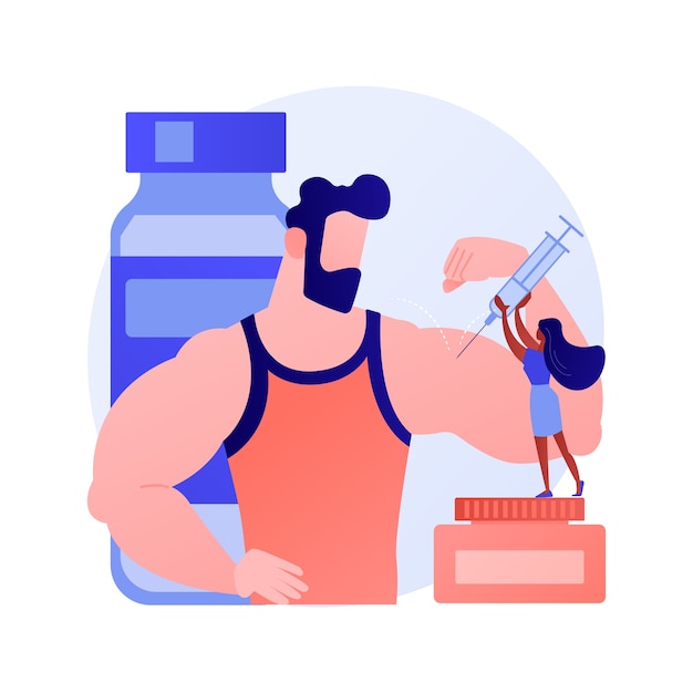 Oliën die in spieren worden geïnjecteerd, worden groter en veranderen van vorm. synthol, olie voor injectie, verbetering van de plaats. bodybuilder stripfiguur. vector geïsoleerde concept metafoor illustratie