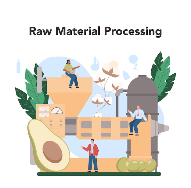 Oliewinning of productie-industrie glazen fles plantaardige olie cacao olijf zonnebloem avocado maïs biologisch vegetarisch ingrediënt om te koken platte vectorillustratie