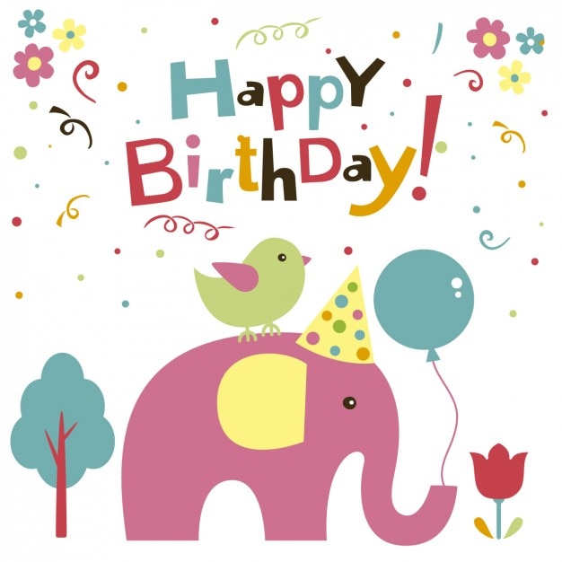 Gratis vector olifant en vogel verjaardagskaart