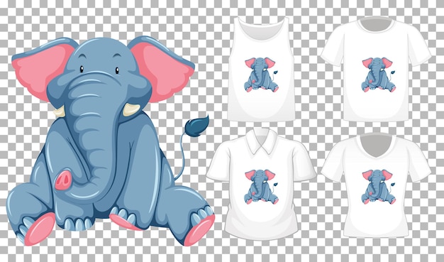 Gratis vector olifant in zittende positie stripfiguur met vele soorten shirts op transparante achtergrond