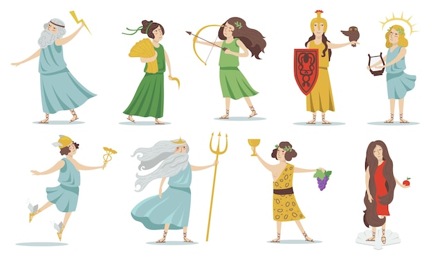 Olympische goden en godinnen. poseidon, venus, hermes, athena, cupido, zeus, apollo, dionysus. voor griekse mythologie, oude griekse cultuur. geïsoleerde vector illustraties set.