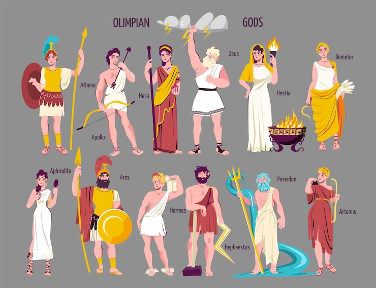 Gratis Vector olympische goden platte icon set met athena appolo hera zeus hestia demeter aphrodite ares hermes hephaestus poseidon artemis figuren vector illustratie
