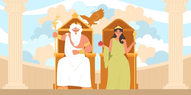 Olympische goden vlak concept met zeus en hera op tronen vector illustratie