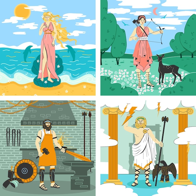 Olympus goden 2x2 design concept set van vier vierkante iconen met griekenland mythologie karakters vector illustratie