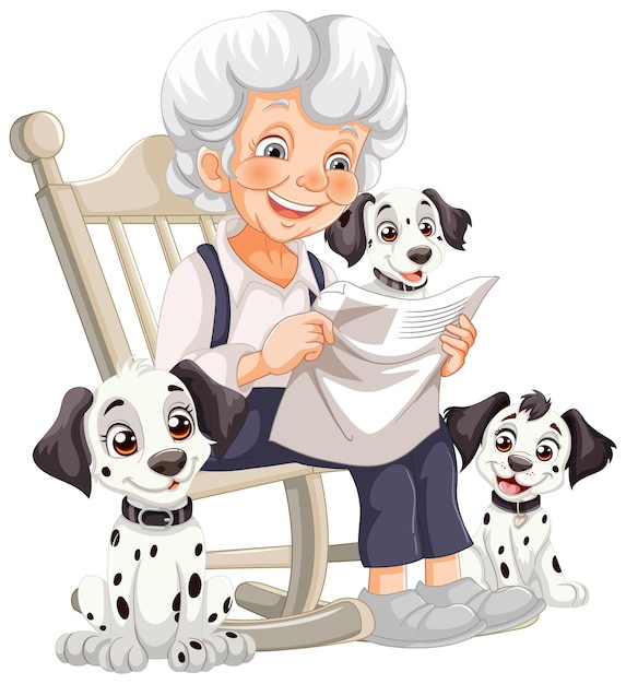 Gratis vector oma leest voor met speelse puppy's