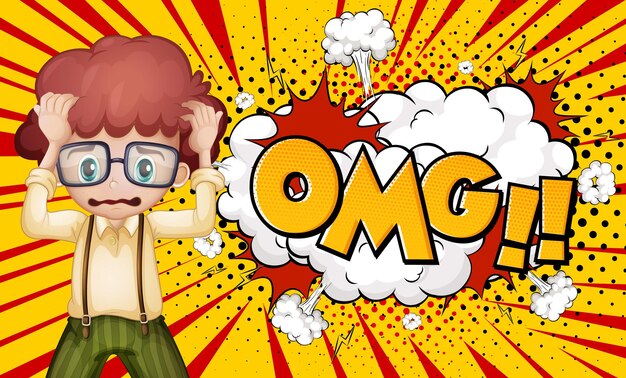 OMG woord op explosie achtergrond met jongen stripfiguur