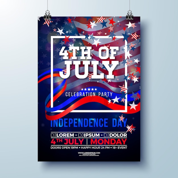 Gratis vector onafhankelijkheidsdag van de vs party flyer design met amerikaanse vlag en lint fourth of july design