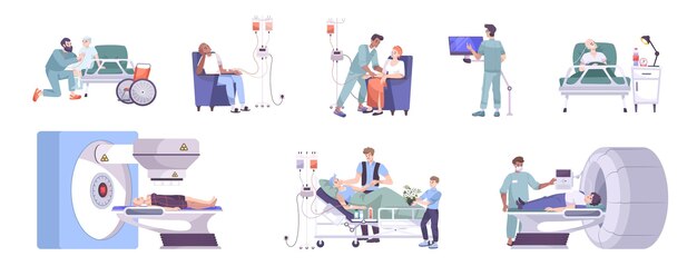 Oncologie diagnostische behandeling zorg 8 platte composities met mri-scanner chemo en radiotherapie kinderafdeling vectorillustratie