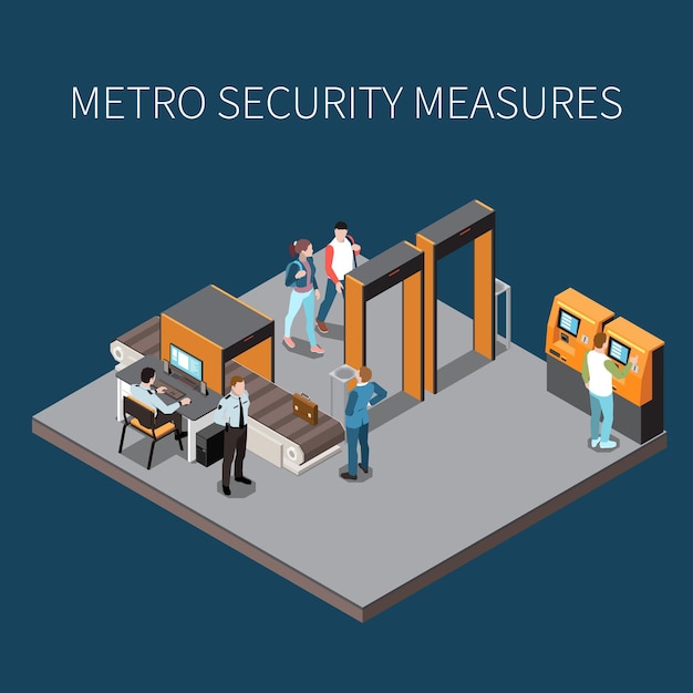 Ondergrondse metro veiligheidsdienst metrostation toegangscontrole poorten controleren op passagiers stroom isometrische samenstelling vectorillustratie