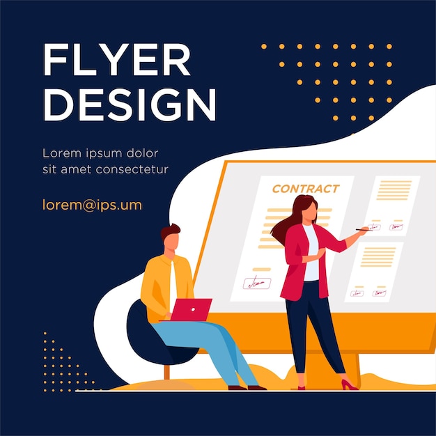 Ondernemers ondertekenen contract online. partners die handtekeningen aanbrengen om te documenteren op de platte flyer-sjabloon van de monitor