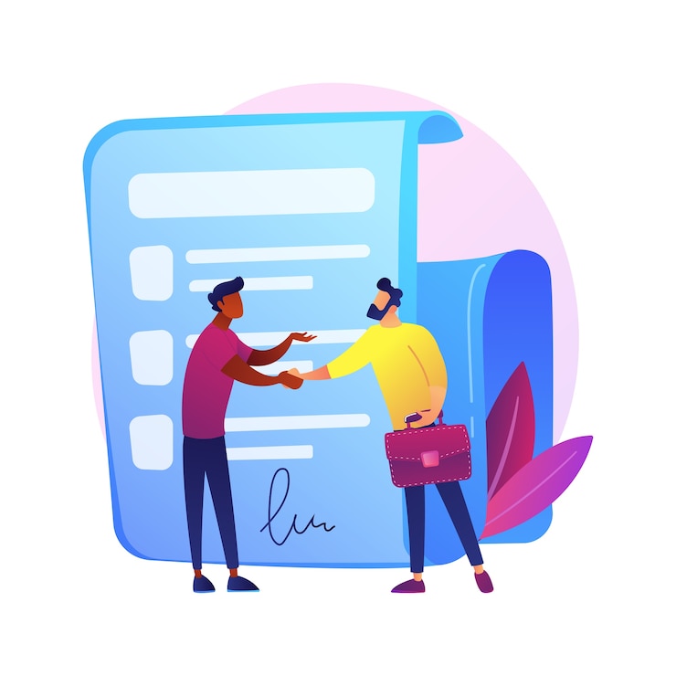 Gratis Vector ondertekening contract. officieel document, overeenkomst, deal commitment. zakenlieden stripfiguren handen schudden. wettelijk contract met handtekening.