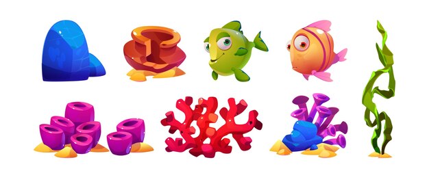 Onderwater planten en dieren cartoon vector set Marine of aquarium zeebodem elementen zeewier en koralen vissen stenen en gebroken klei pot Oceaan aquatische wereld wezens voor zeebodem ontwerp