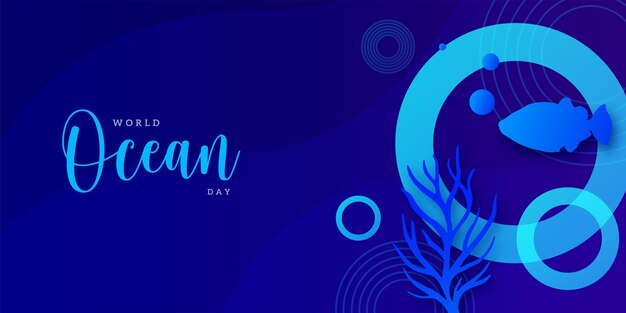 Onderwater Wereld Oceaan Dag Illustratie Achtergrond Vector Banner Blauw Thema Zeeleven Gratis Vector