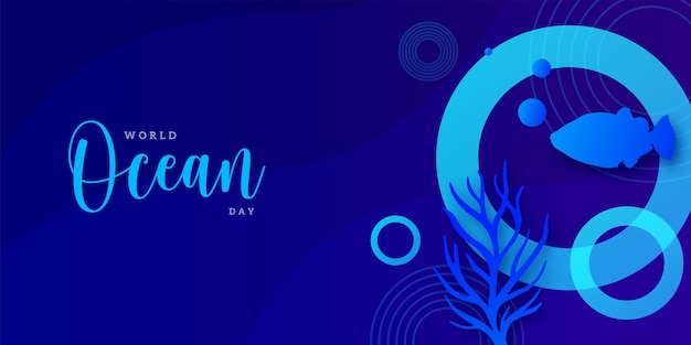 Onderwater Wereld Oceaan Dag Illustratie Achtergrond Vector Banner Blauw Thema Zeeleven Gratis Vector