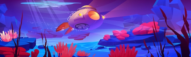 Onderwater zeelandschap met onderzeeër, waterplanten en dieren. Vectorbeeldverhaalillustratie van oceaanbodem met bathyscaaf met propeller en licht, zeewier en actinias