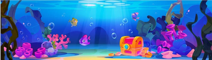 Gratis Vector onderwaterwereld op de bodem van de oceaan met schatkist