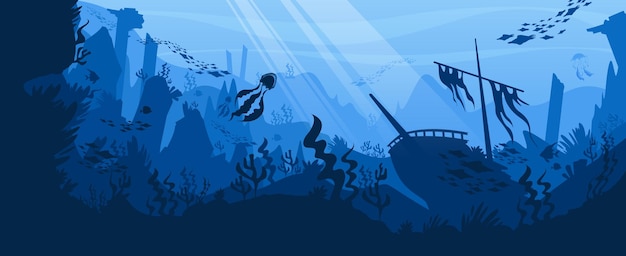 Onderwaterwereld pc-spelachtergrond met silhouet van schip op zeebodem in zonnestralen die van boven platte vectorillustratie vallen