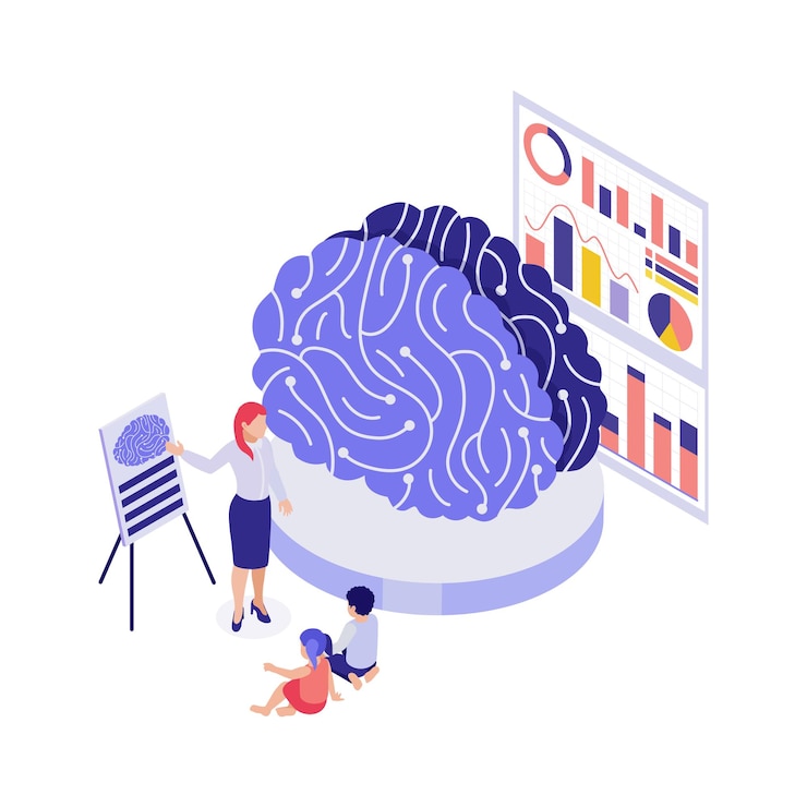 Gratis Vector onderwijs 3d concept met studenten die model gebruiken om de isometrische illustratie van het menselijk brein te bestuderen