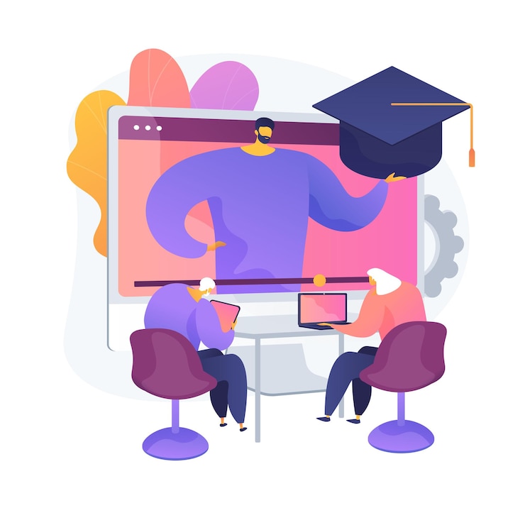 Gratis Vector onderwijs voor ouderen. senior paar mensen kijken naar online cursussen op laptop, academische graad behalen. webinar, internetseminar.