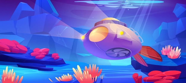 Gratis vector onderzeeër bij onderwater zee landschap met planten