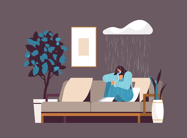 Ongelukkig depressieve vrouw zittend op de bank onder regen wolk meisje gevoel wanhopig en eenzaam geestelijke gezondheid ziekten depressie stress concept horizontale volledige lengte vectorillustratie