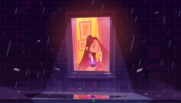 Gratis vector ongelukkig eenzaam meisje met smartphone door raam in huis op regenachtige nacht.