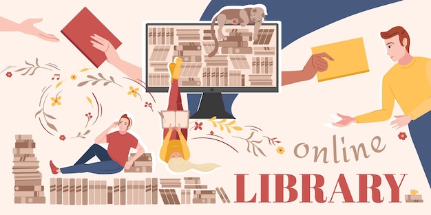 Gratis vector online bibliotheekcompositie met collage van platte pictogrammen boekrijken op computerscherm met versierde tekst vector illustratie