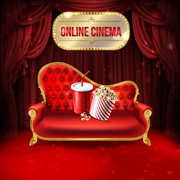 Online bioscoop concept illustratie. Comfortabele fluwelen bank met emmer popcorn