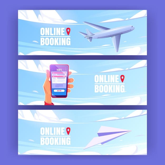 Gratis vector online boekingsposters met vliegtuig en mobiele telefoon